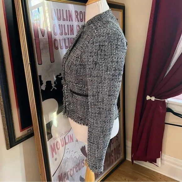 Banana Republic Navy White Ruff Hem Tweed Blazer Zip Up Detail Jacket Size 10