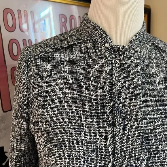 Banana Republic Navy White Ruff Hem Tweed Blazer Zip Up Detail Jacket Size 10
