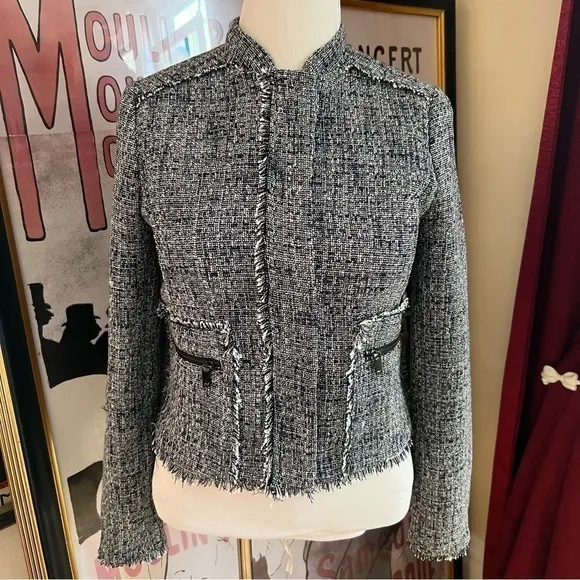 Banana Republic Navy White Ruff Hem Tweed Blazer Zip Up Detail Jacket Size 10