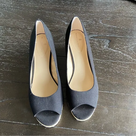 Bandolino Black Espadrille Wedges Size‎ 9M Summer Coastal Peep Toe Pinup