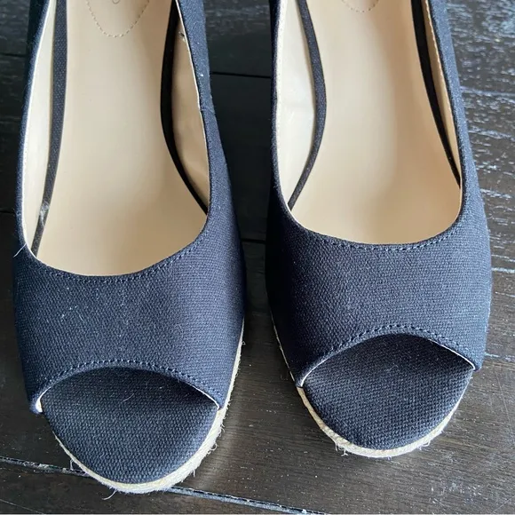 Bandolino Black Espadrille Wedges Size‎ 9M Summer Coastal Peep Toe Pinup