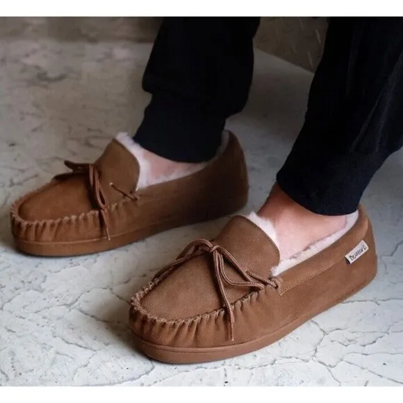 Bearpaw Slippers Mens 10 Moccasins Tan Suede‎ Sheepskin New