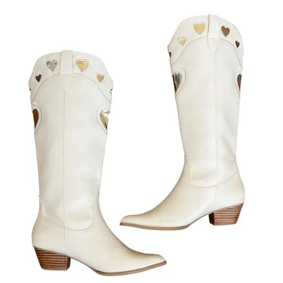 Billini Women’s Velma Ivory White &amp; Gold Heart Cowboy Cowgirl Western Boots Sz 9