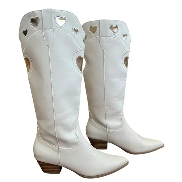 Billini Women’s Velma Ivory White &amp; Gold Heart Cowboy Cowgirl Western Boots Sz 9
