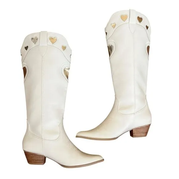 Billini Women’s Velma Ivory White &amp; Gold Heart Cowboy Cowgirl Western Boots Sz 9