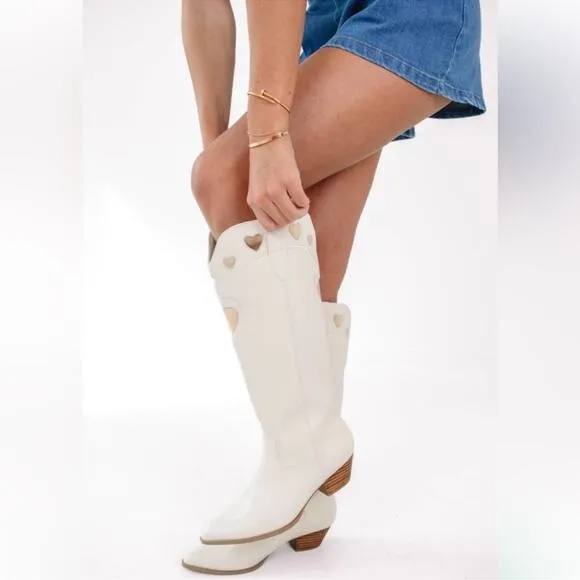 Billini Women’s Velma Ivory White &amp; Gold Heart Cowboy Cowgirl Western Boots Sz 9