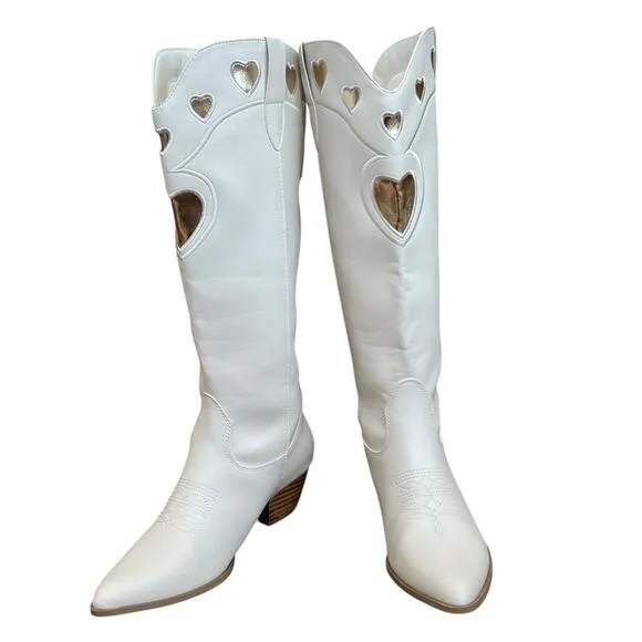 Billini Women’s Velma Ivory White &amp; Gold Heart Cowboy Cowgirl Western Boots Sz 9