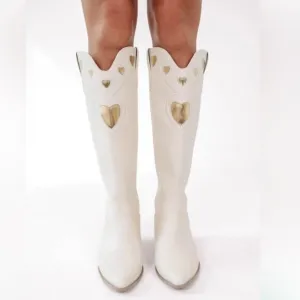 Billini Women’s Velma Ivory White &amp; Gold Heart Cowboy Cowgirl Western Boots Sz 9