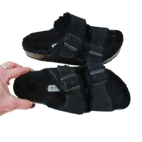 Birkenstock Arizona Shearling Lined Sandals Black Size 38 EU