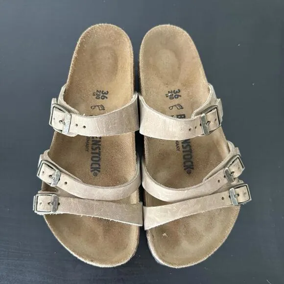 Birkenstock Franca 36 Or 6 Womens Sandals Flats Oiled Leather Buckle Beige