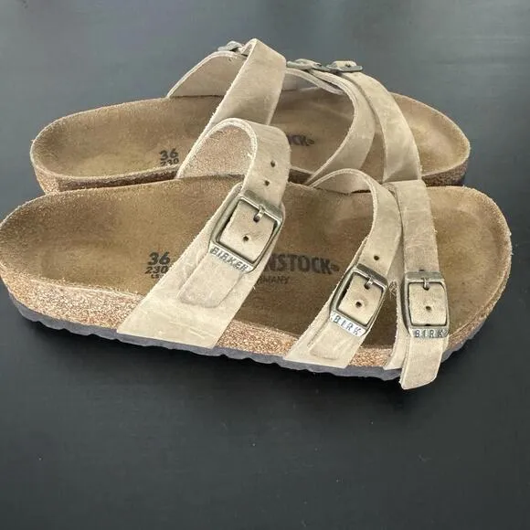 Birkenstock Franca 36 Or 6 Womens Sandals Flats Oiled Leather Buckle Beige