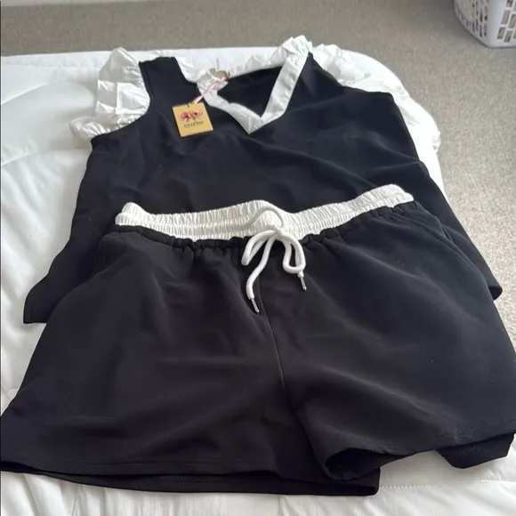 Black and White ruffled Tank Top and Shorts Set