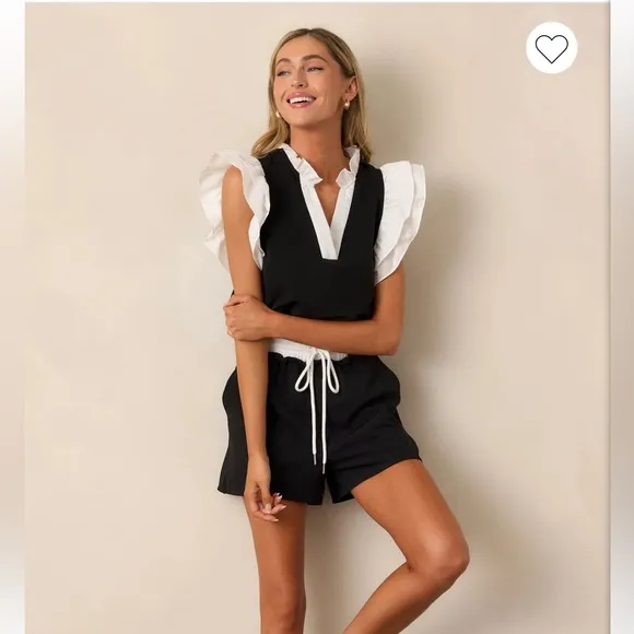 Black and White ruffled Tank Top and Shorts Set