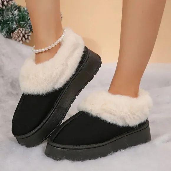 Black Casual Women's Suede Shearling Ankle Moccasins