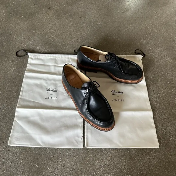 Black Leather Oxfords with Brogue Detailing and Rubber Sole