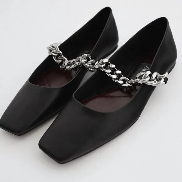 Black Leather Ballet Flats, Zara, Size 10