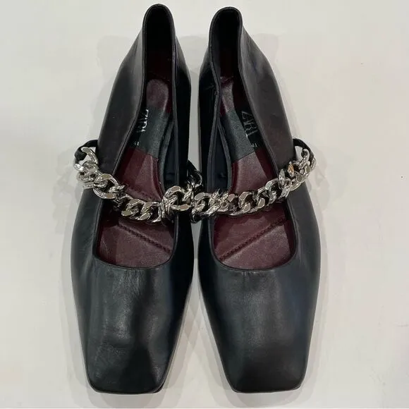 Black Leather Ballet Flats, Zara, Size 10