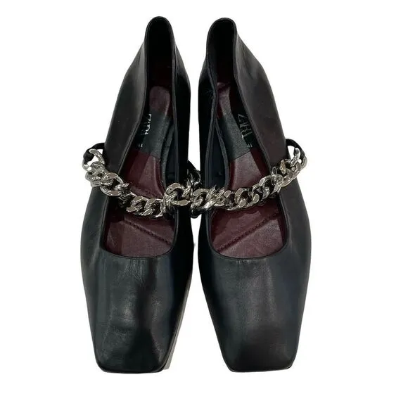 Black Leather Ballet Flats, Zara, Size 10