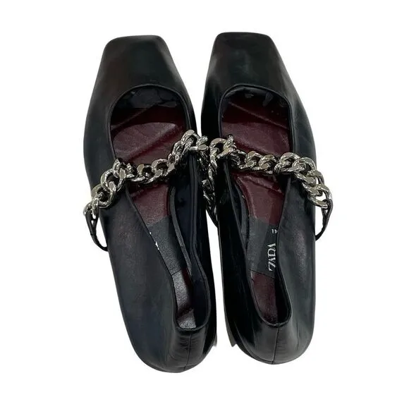Black Leather Ballet Flats, Zara, Size 10
