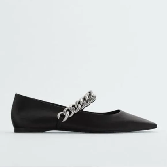 Black Leather Ballet Flats, Zara, Size 10