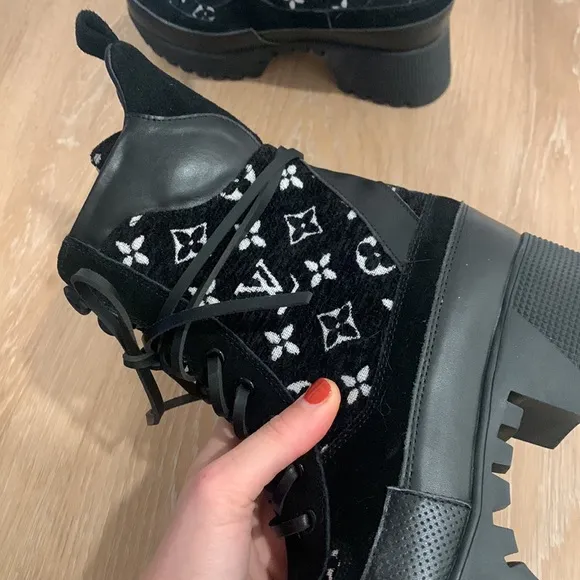 Black velour platform lace up heeled boots