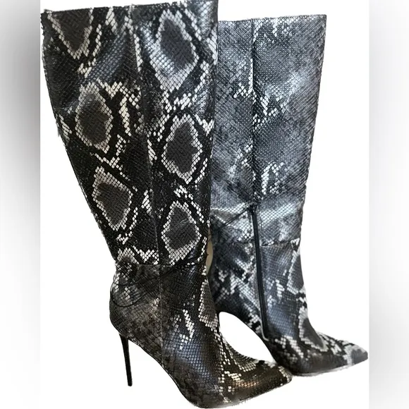 Black/Grey Snakeskin Knee High Stiletto Boots