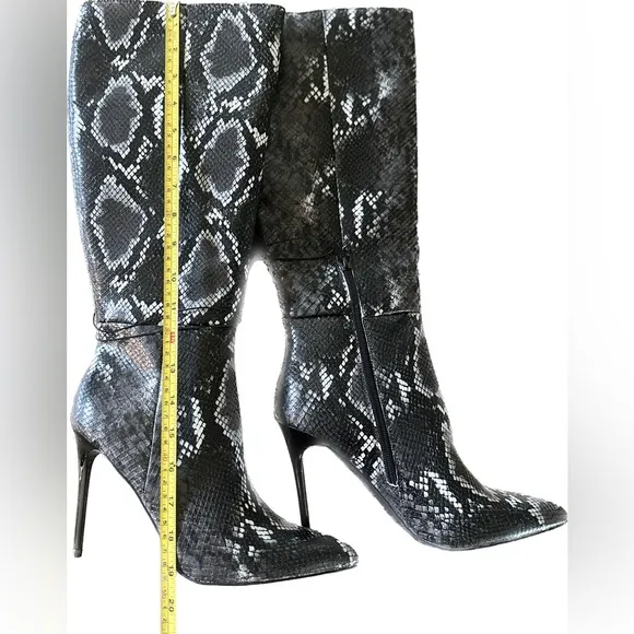 Black/Grey Snakeskin Knee High Stiletto Boots