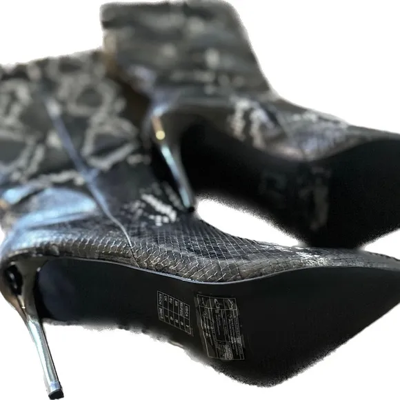 Black/Grey Snakeskin Knee High Stiletto Boots