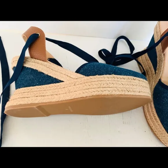 Blue Denim Espadrille Platform Wedges Ankle-tie Natural Tan Leather Slingback 41