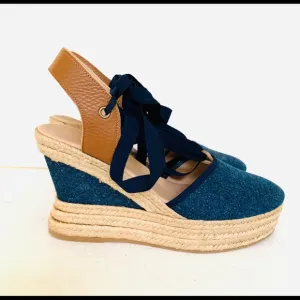 Blue Denim Espadrille Platform Wedges Ankle-tie Natural Tan Leather Slingback 41