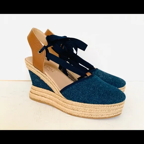 Blue Denim Espadrille Platform Wedges Ankle-tie Natural Tan Leather Slingback 41
