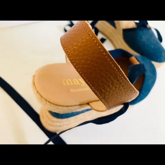 Blue Denim Espadrille Platform Wedges Ankle-tie Natural Tan Leather Slingback 41