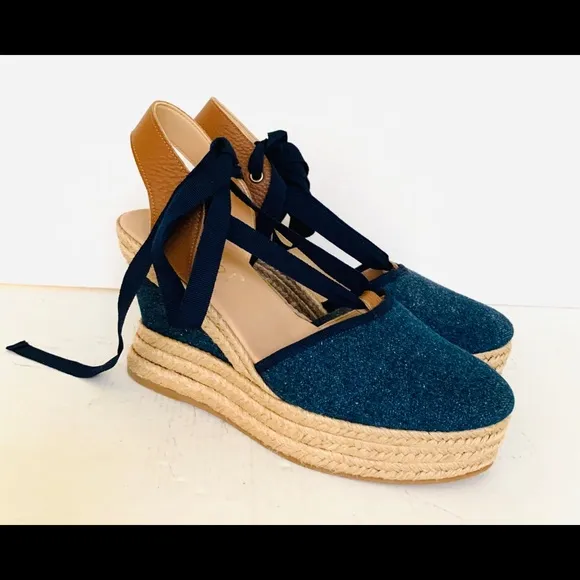 Blue Denim Espadrille Platform Wedges Ankle-tie Natural Tan Leather Slingback 41