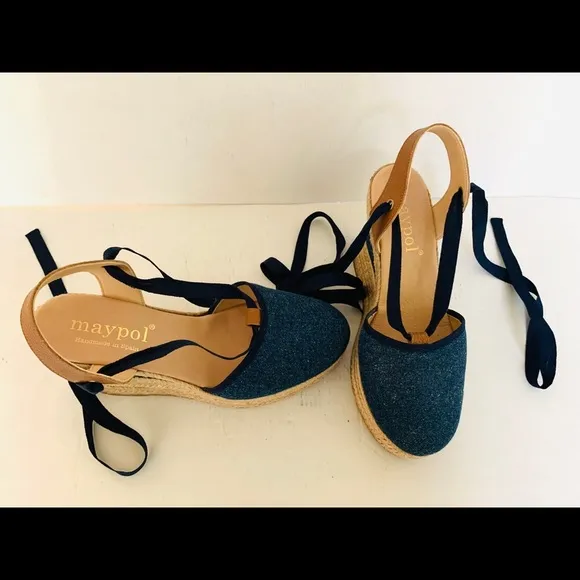 Blue Denim Espadrille Platform Wedges Ankle-tie Natural Tan Leather Slingback 41