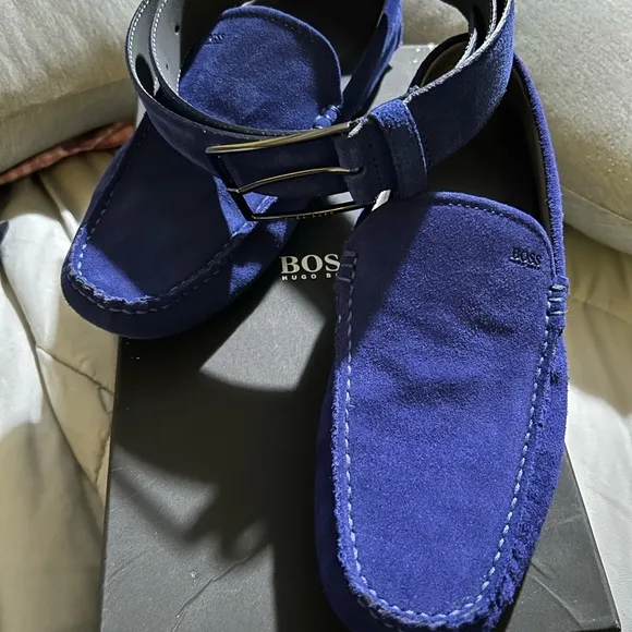 Blue Suede Hugo Boss Drimmo Moccasins 8 w/Matching Hugo Boss Calindo Belt 34