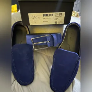 Blue Suede Hugo Boss Drimmo Moccasins 8 w/Matching Hugo Boss Calindo Belt 34