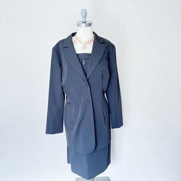 BMoss stretch black striped vintage strapless dress and blazer‎ set size 14