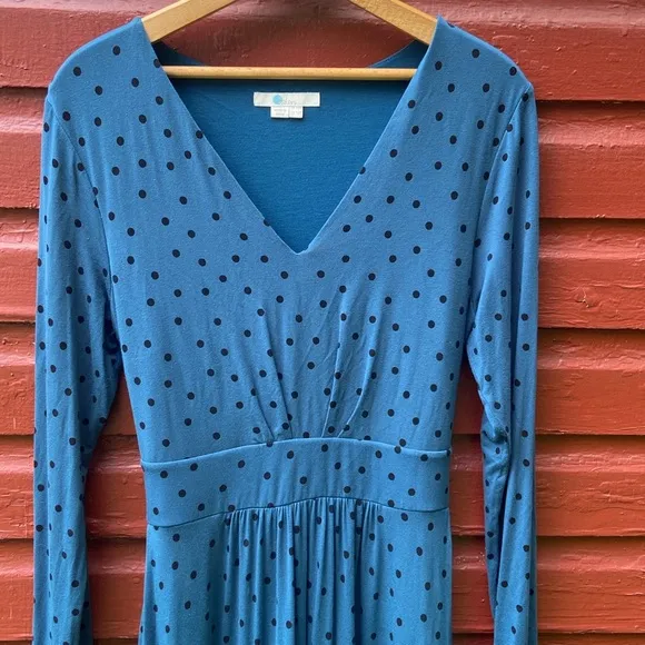 Boden Blue &amp; Black Polka Dot Ferne Jersey Long Sleeve Midi Dress Women's Size 10