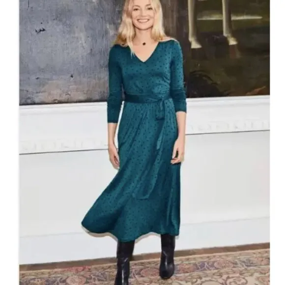 Boden Blue &amp; Black Polka Dot Ferne Jersey Long Sleeve Midi Dress Women's Size 10