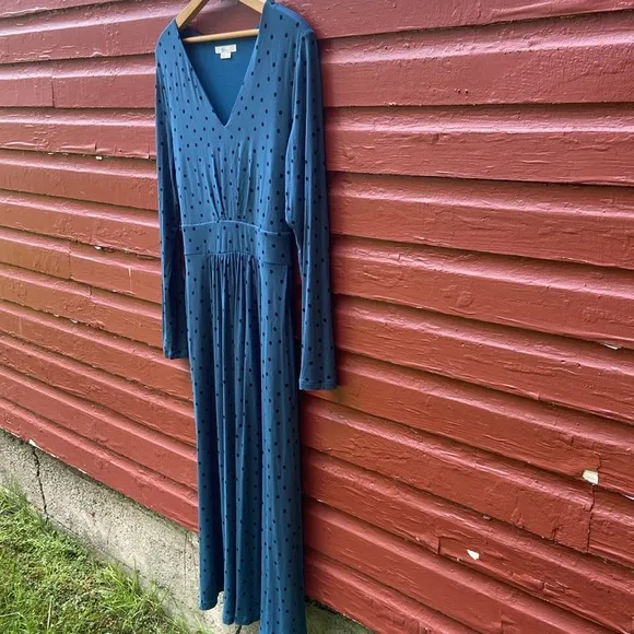 Boden Blue &amp; Black Polka Dot Ferne Jersey Long Sleeve Midi Dress Women's Size 10
