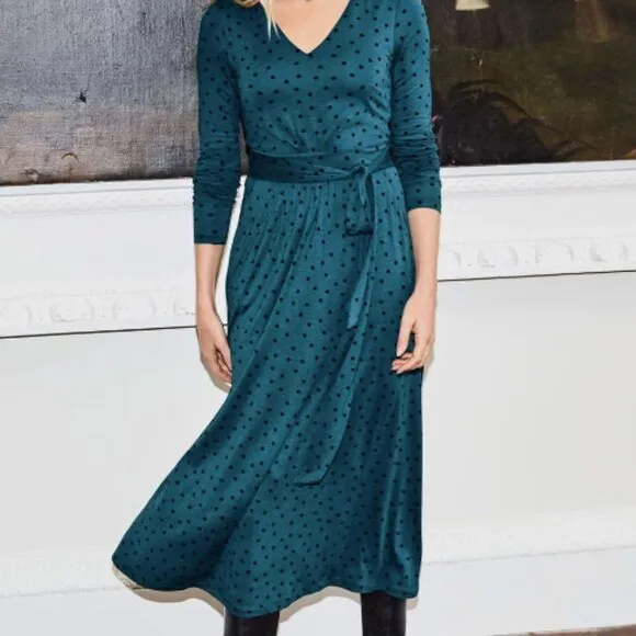 Boden Blue &amp; Black Polka Dot Ferne Jersey Long Sleeve Midi Dress Women's Size 10