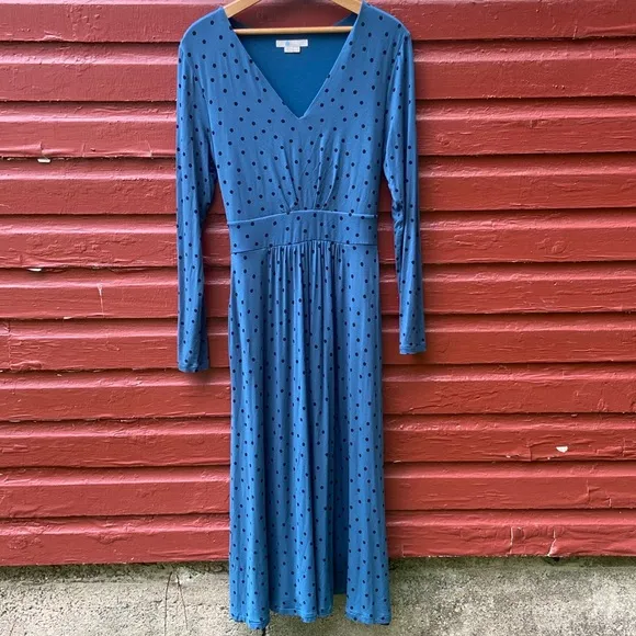 Boden Blue &amp; Black Polka Dot Ferne Jersey Long Sleeve Midi Dress Women's Size 10