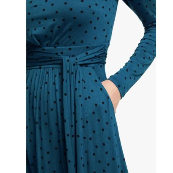 Boden Blue &amp; Black Polka Dot Ferne Jersey Long Sleeve Midi Dress Women's Size 10