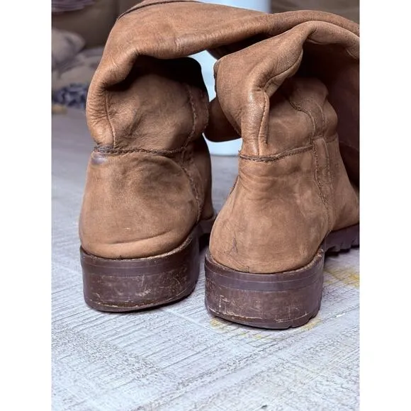 Boden Size 7 Riding Boots Flat 1” Heel Nubuck Leather Pull On Brown Round Toe