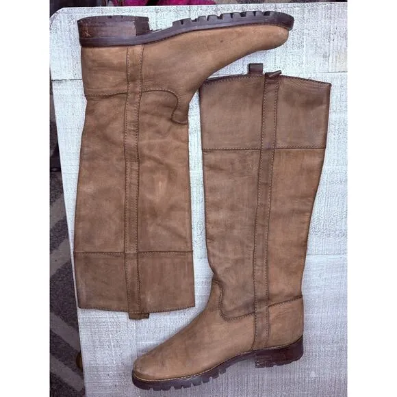 Boden Size 7 Riding Boots Flat 1” Heel Nubuck Leather Pull On Brown Round Toe