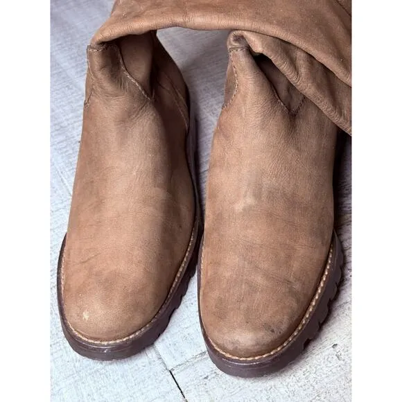 Boden Size 7 Riding Boots Flat 1” Heel Nubuck Leather Pull On Brown Round Toe
