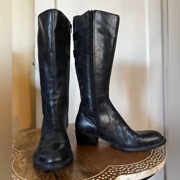 Born ‘Berry’ Leather Knee High Moto Riding Boot Buckles Bikercore Steampunk Flat