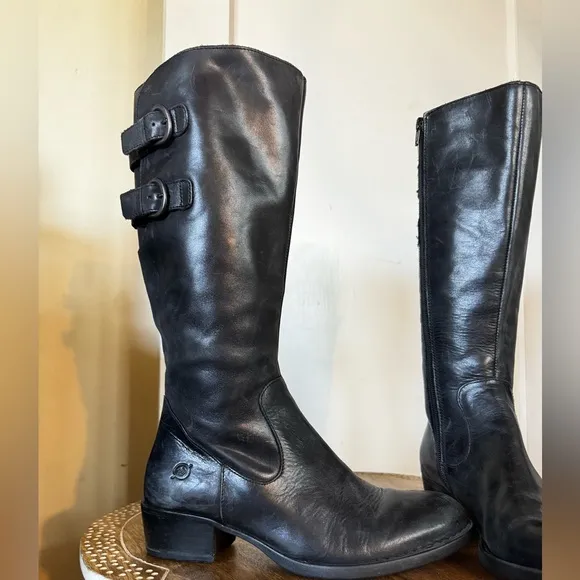 Born ‘Berry’ Leather Knee High Moto Riding Boot Buckles Bikercore Steampunk Flat