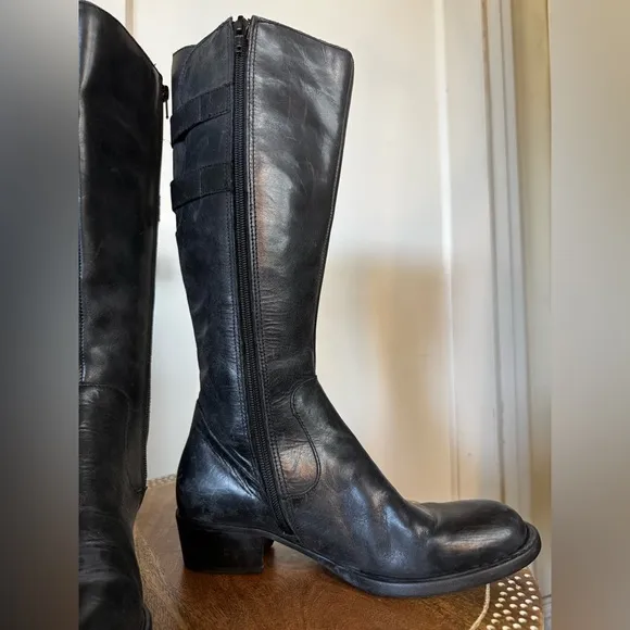 Born ‘Berry’ Leather Knee High Moto Riding Boot Buckles Bikercore Steampunk Flat