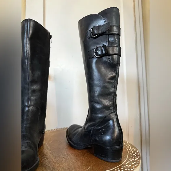 Born ‘Berry’ Leather Knee High Moto Riding Boot Buckles Bikercore Steampunk Flat